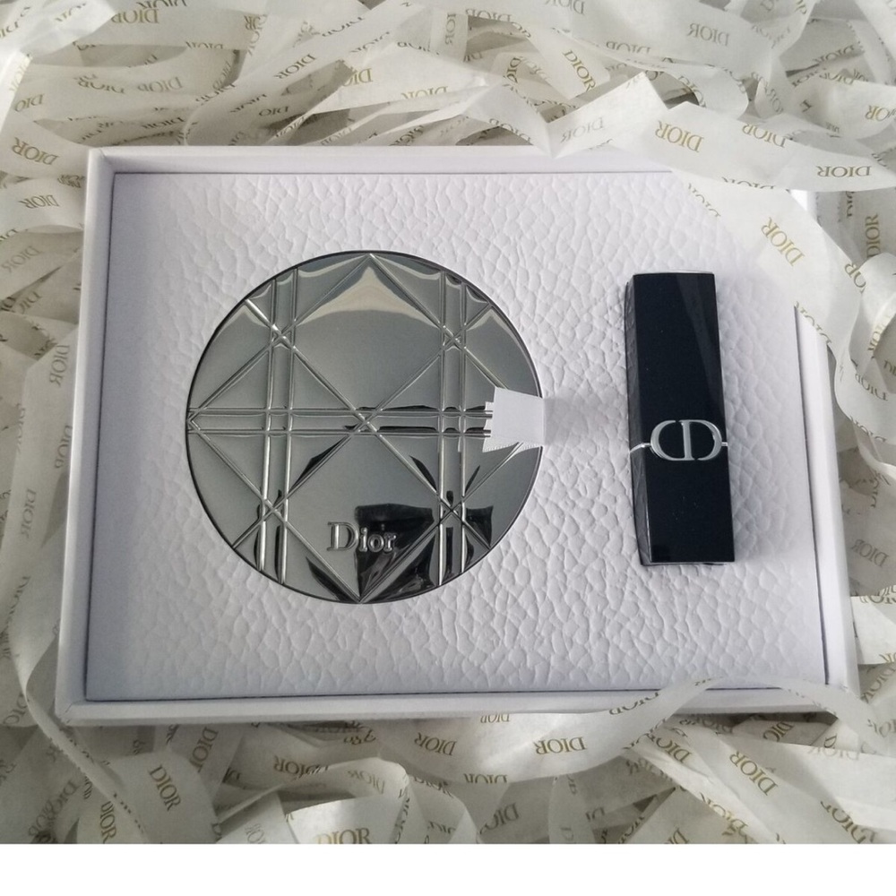Dior Silver Cannage Compact Mirror and  Lipstick Set